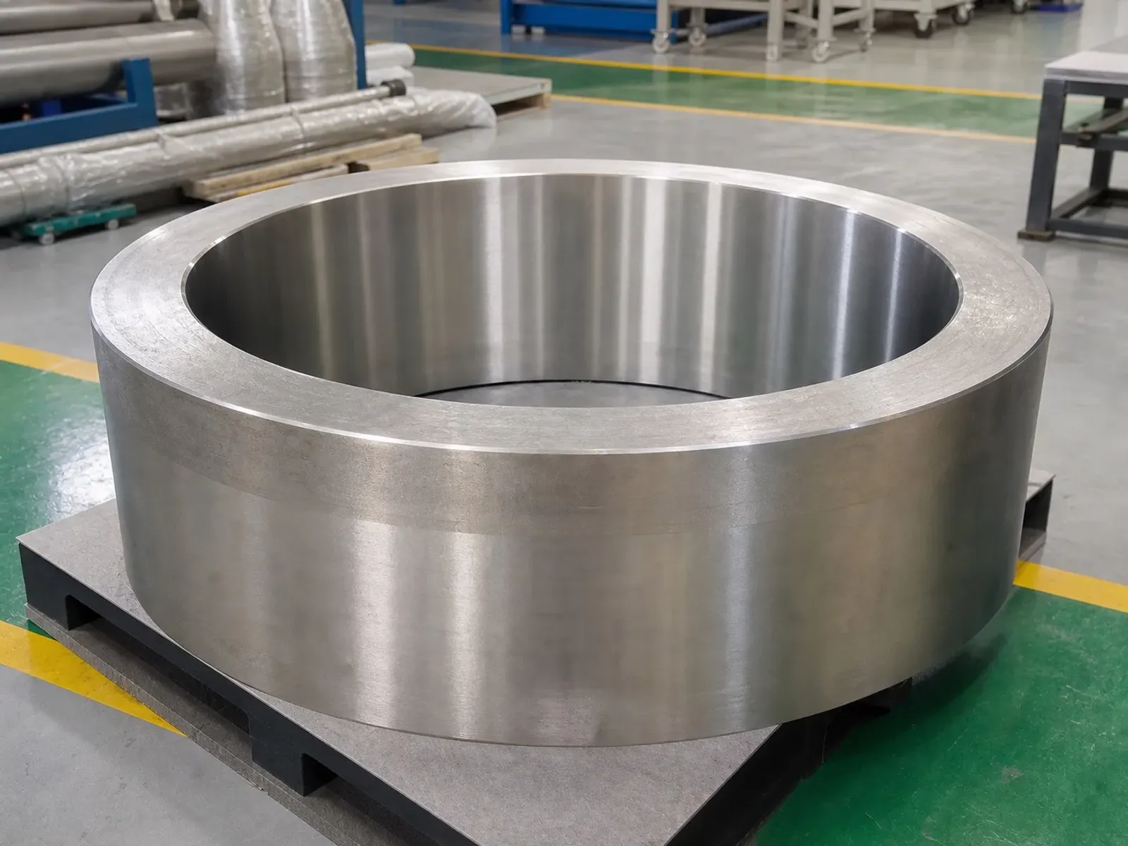 Large machined metal ring resting on a support in an industrial interior