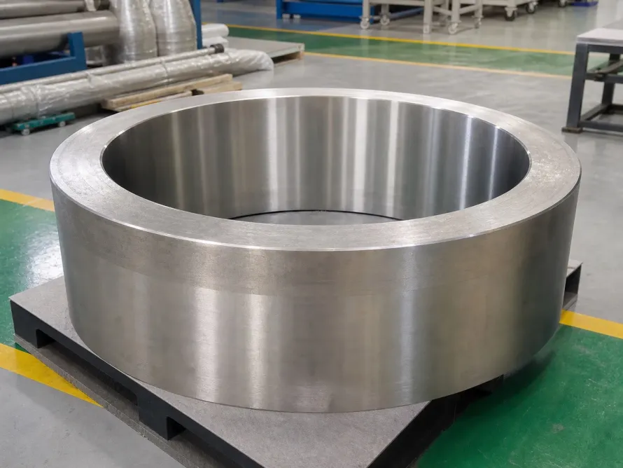 Large machined metal ring resting on a support in an industrial interior