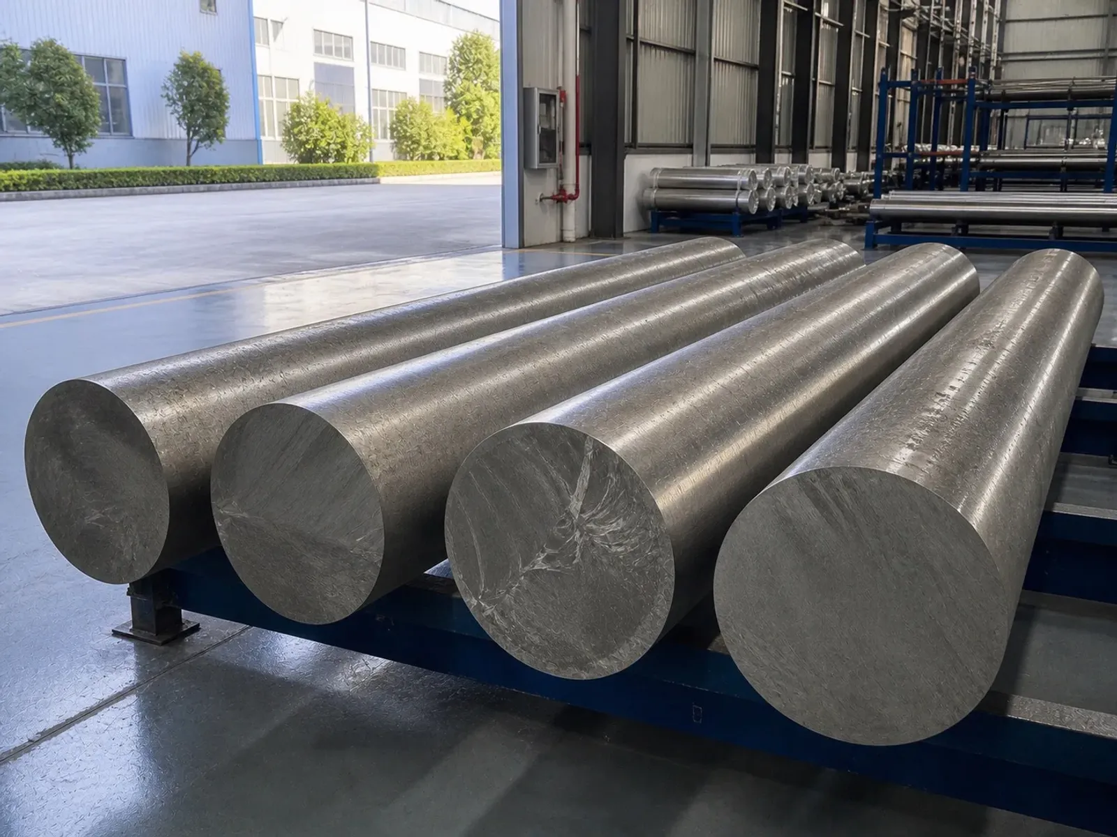 Large titanium round-bar forms resting on supports in a workshop.