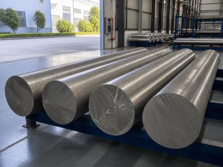 Large titanium round-bar forms resting on supports in a workshop.