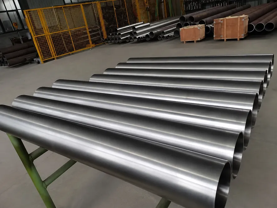 Large-diameter titanium tubes arranged by product form for surge-buffer planning.