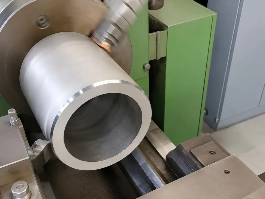 Representative large titanium tube machining illustrates dimensional control; it is not the CERN HiLumi LHC beam-dump vessel.