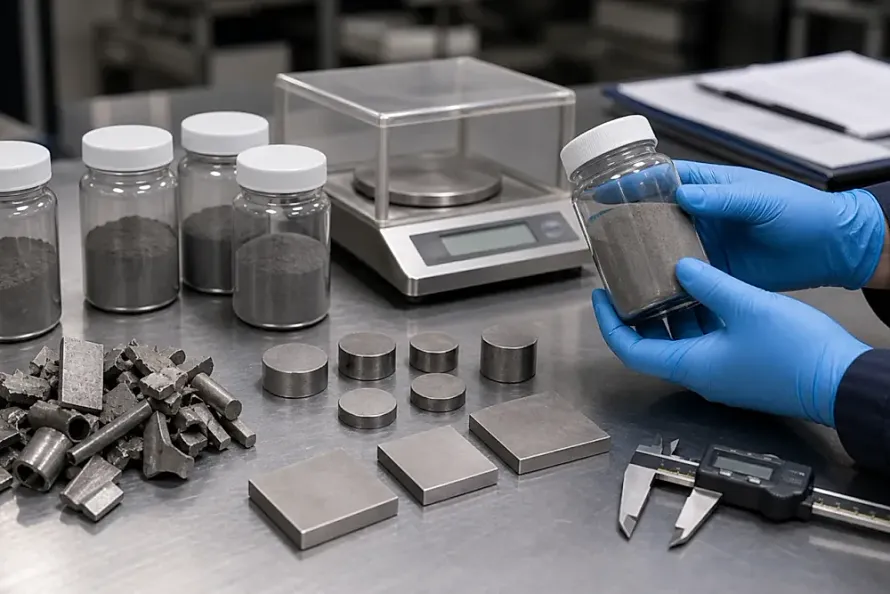 A clean titanium powder inspection bench with sealed powder jars, recycled titanium scrap, pressed coupons and test records, showing how recycled titanium routes need traceable powder-to-part evidence