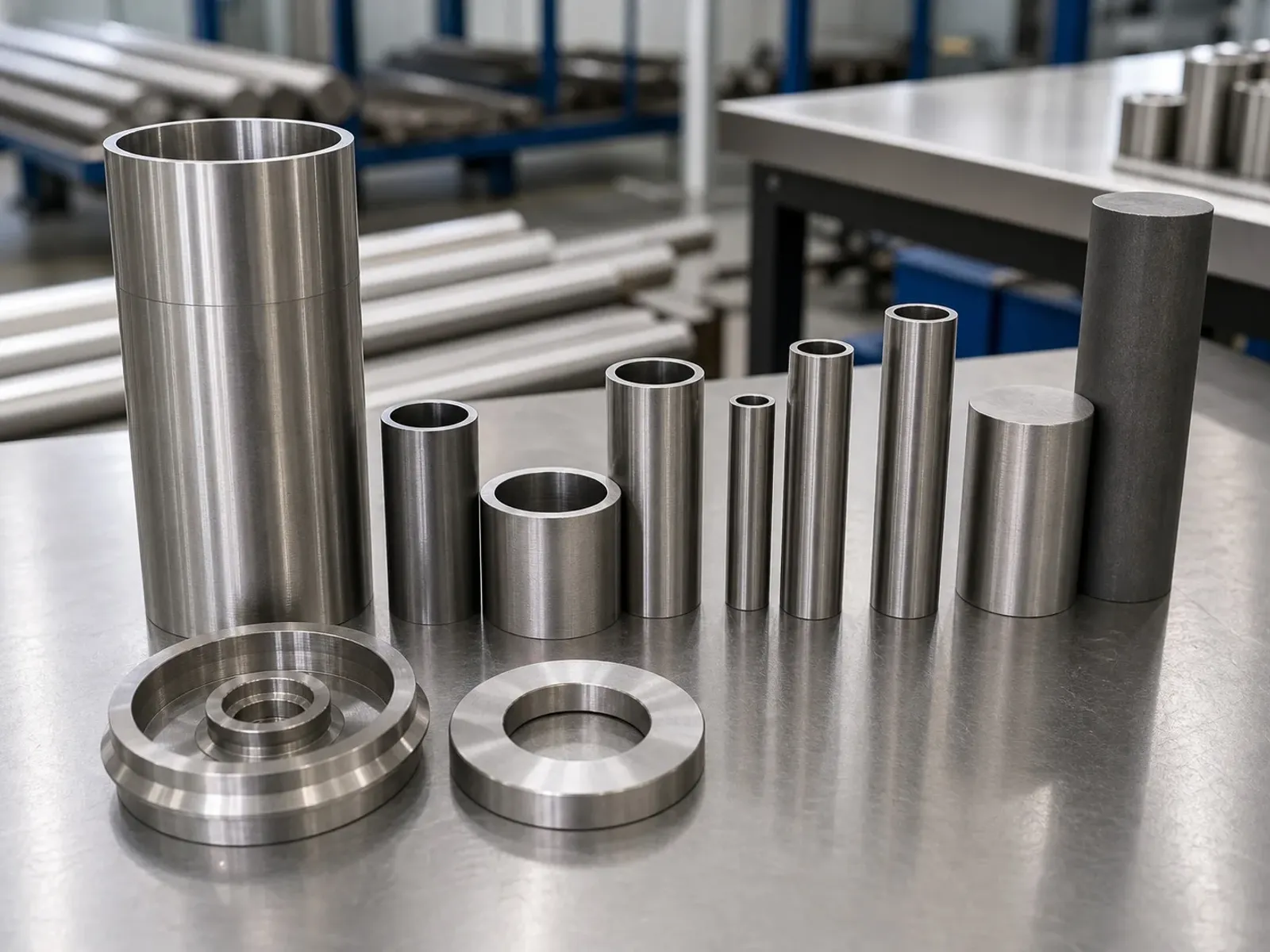 Titanium-related tube, ring and machined-part samples arranged on a worktable.