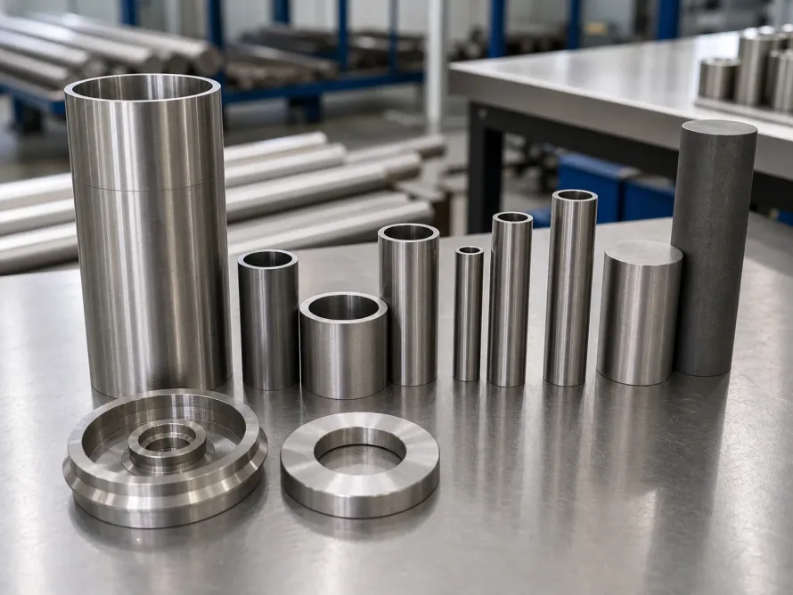 Metal tube, ring, and machined-part samples on a worktable