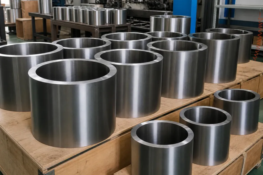 Clean batch of titanium cylindrical parts staged on pallets, showing why powder-route evidence must transfer from development quantities to release-ready production lots.