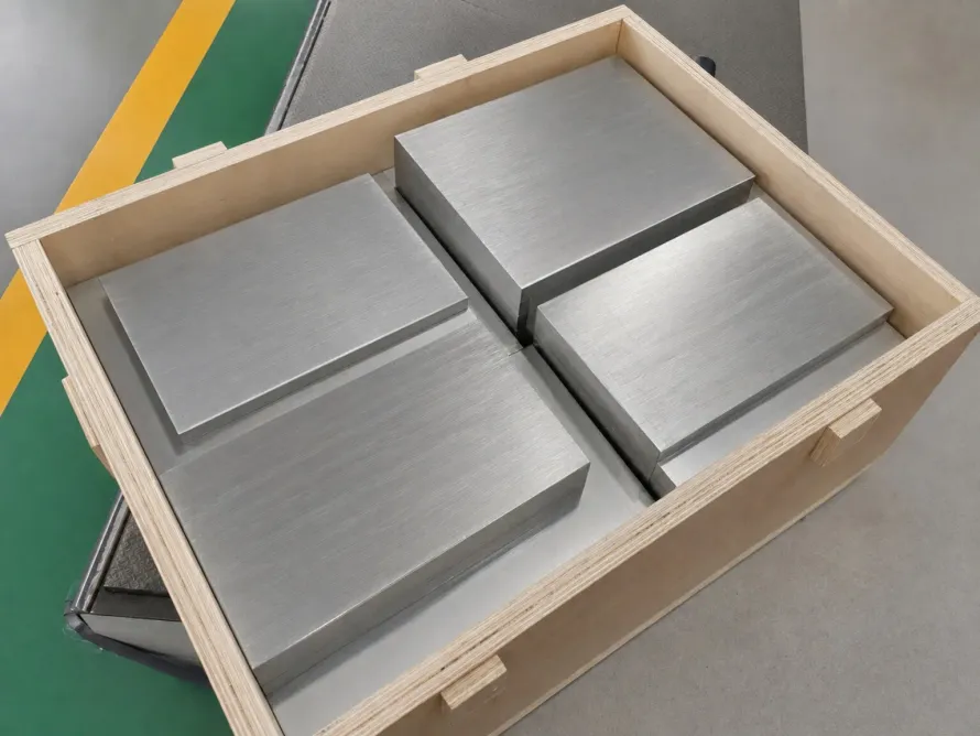 Representative packaged titanium plate blanks show the controlled material starting point for a design-led structural component; they are not tank parts.