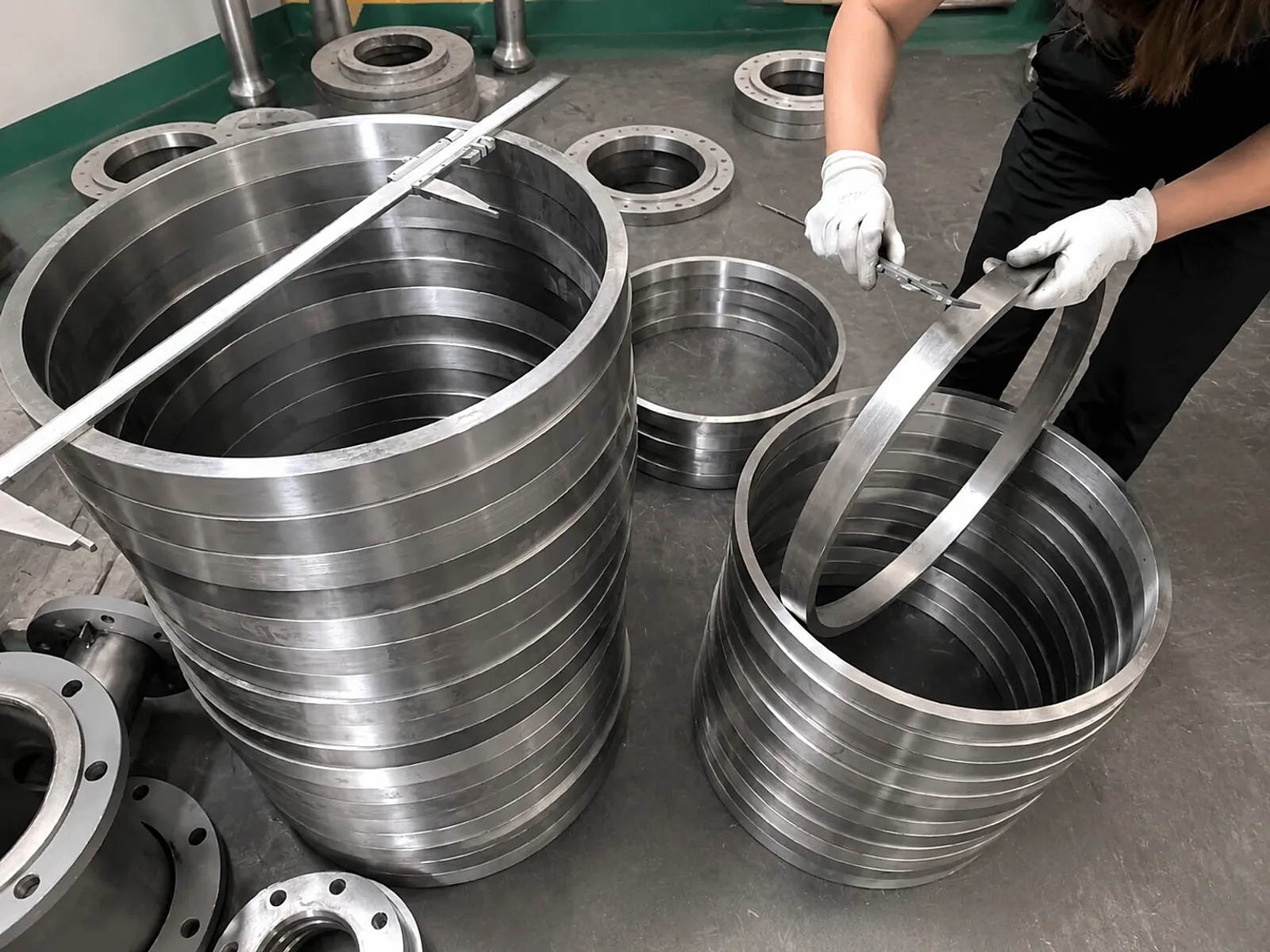 Worker checking machined titanium-like rings with calipers, illustrating that critical parts need dimensional, process and release evidence before shipment.