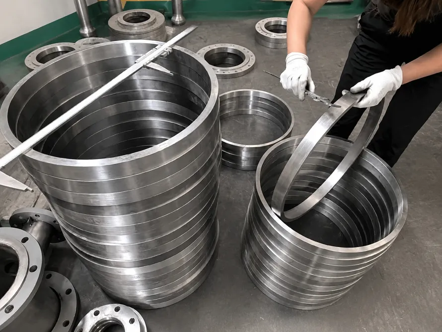 Worker checking machined titanium-like rings with calipers, illustrating that critical parts need dimensional, process and release evidence before shipment.