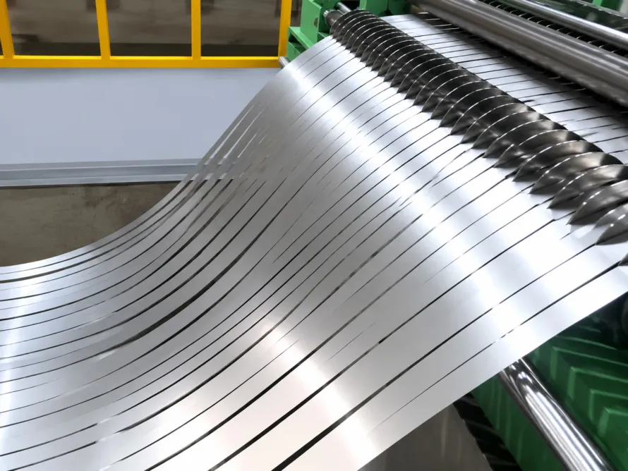 Representative bright titanium strip illustrates thin-gauge material form; it is not a Samsung component or an image of Flex Titanium.