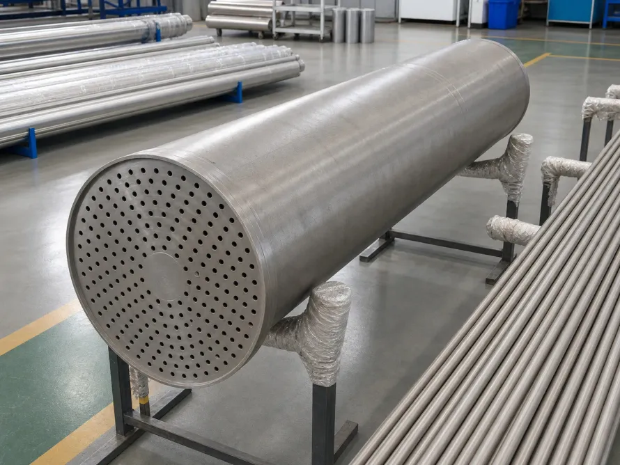Titanium heat-exchanger shell and tube-sheet component beside straight tubes