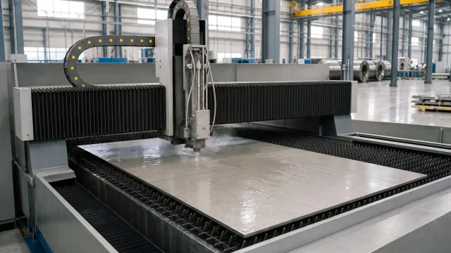 Waterjet gantry directing one water stream into a wet titanium plate in a spacious factory