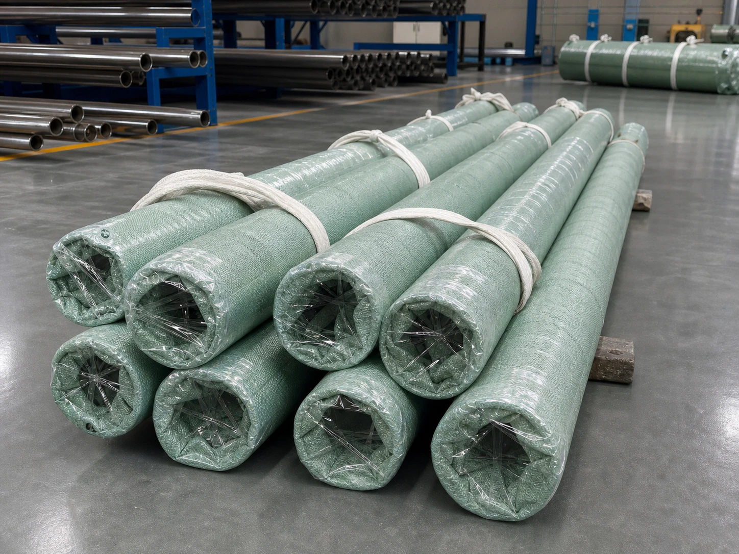 Wrapped titanium tube bundles on a clean factory floor, reinforcing the need to reserve shipment-ready product and documentation slots.