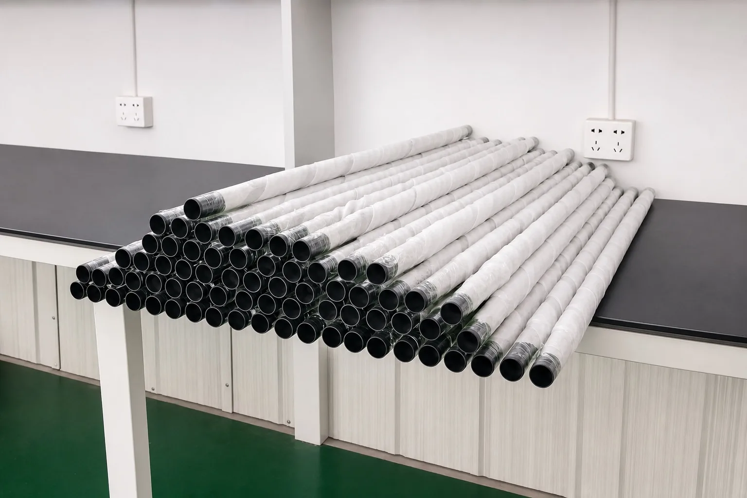 User-supplied coated tubular titanium anodes staged on a bench, showing a delivered surface condition that has to be recorded alongside the bulk certificate.