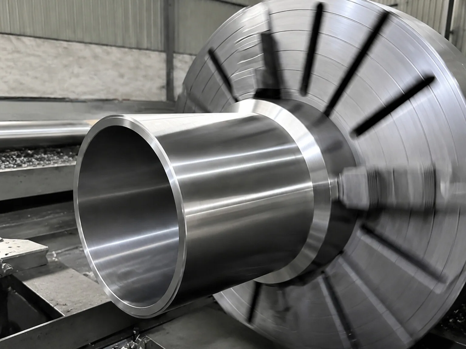 Representative machining of a tubular titanium component illustrates the transition from stock to fit-critical geometry.