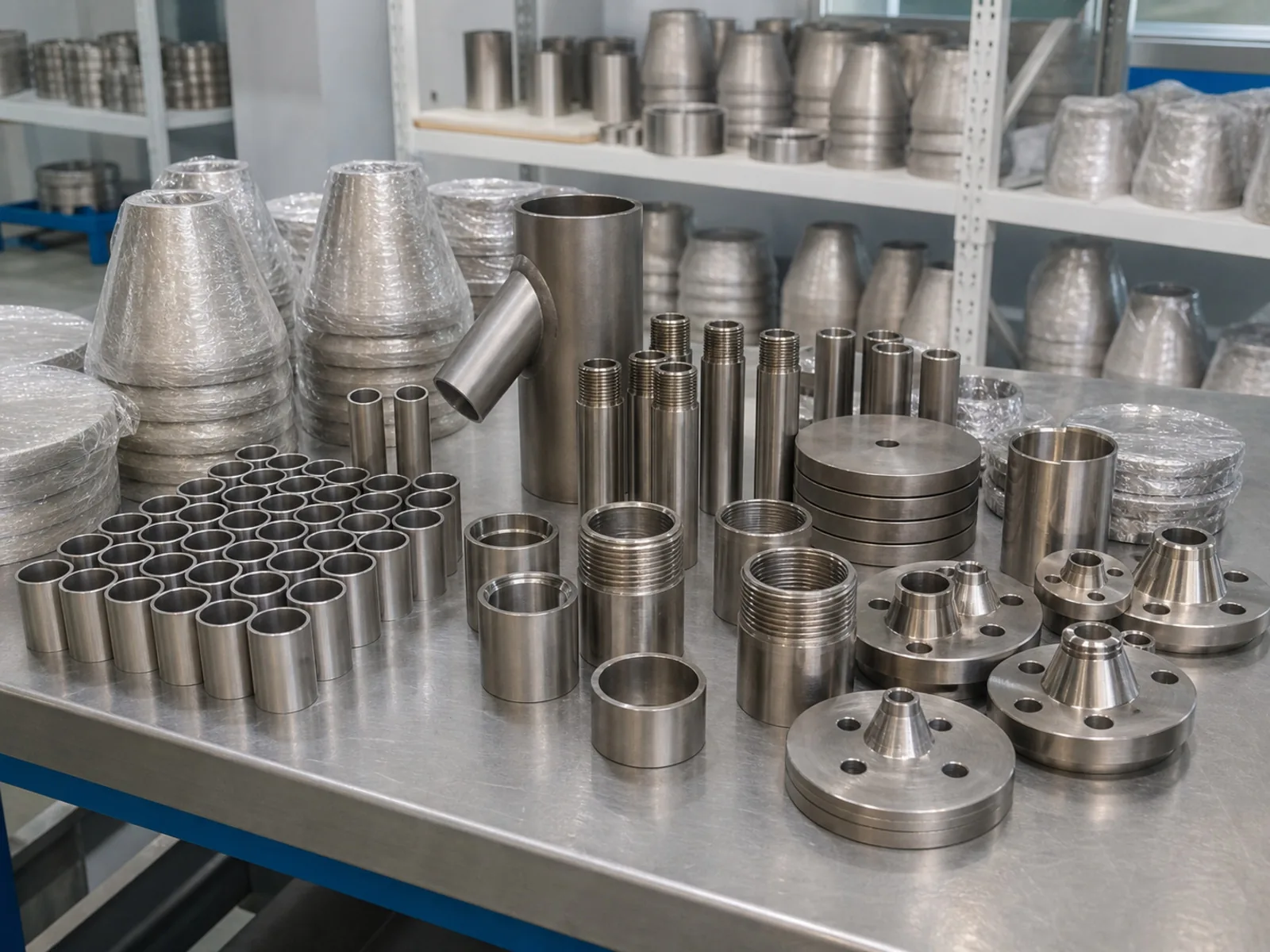 Precision machined titanium fittings, sleeves, and flanges on a clean factory bench, showing the kind of controlled components that need interface and release evidence.