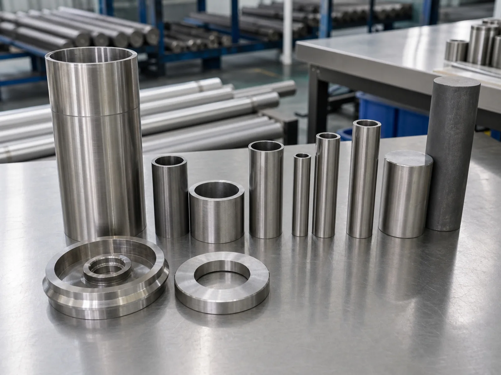 Titanium bars and tube blanks arranged on a factory bench, showing source material forms that must carry traceability into medical component machining.