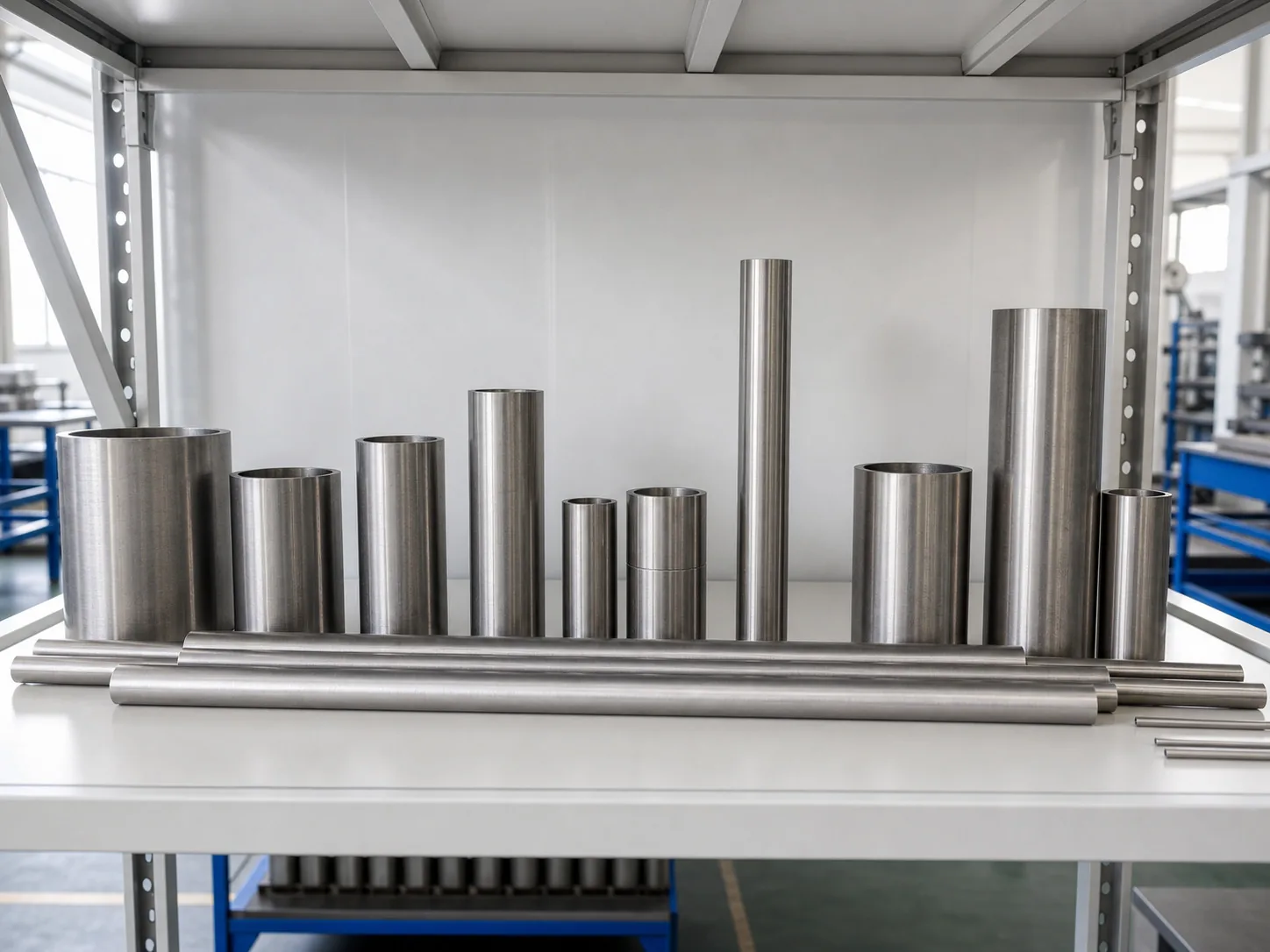 A controlled display of titanium tube and bar sizes illustrates why product form and geometry belong inside the representative-device evidence boundary