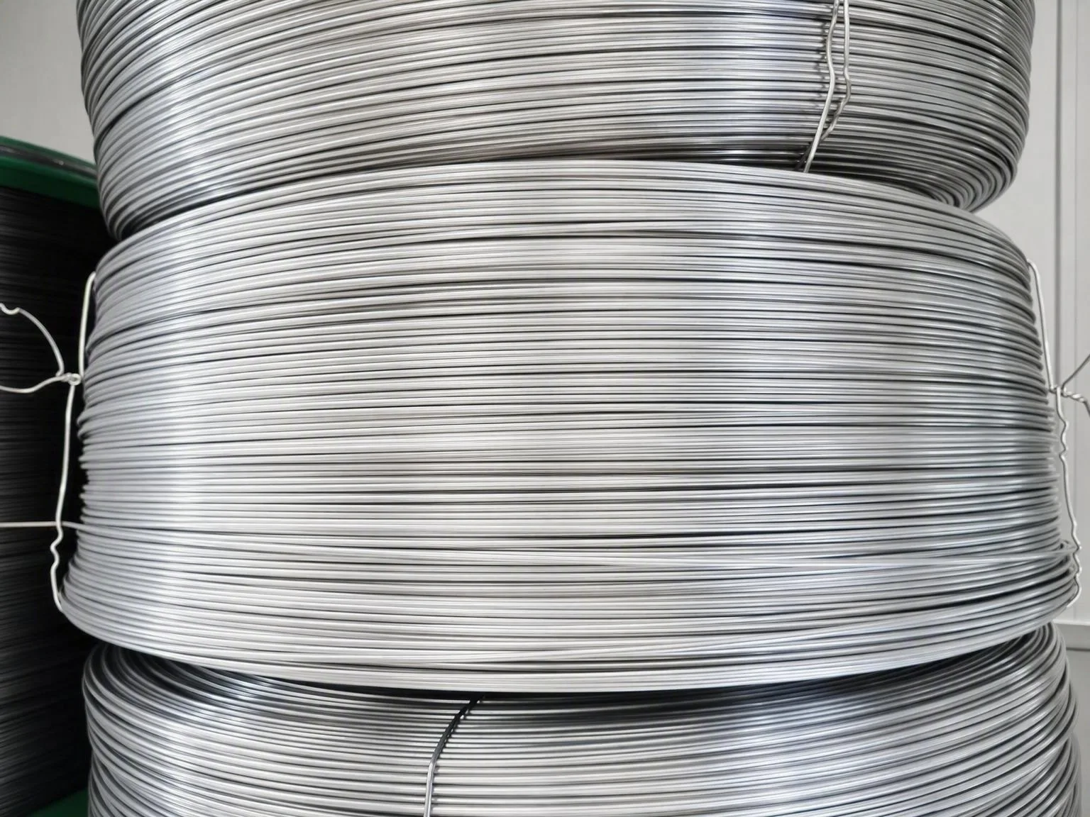Close view of coiled silver-colored wire stock