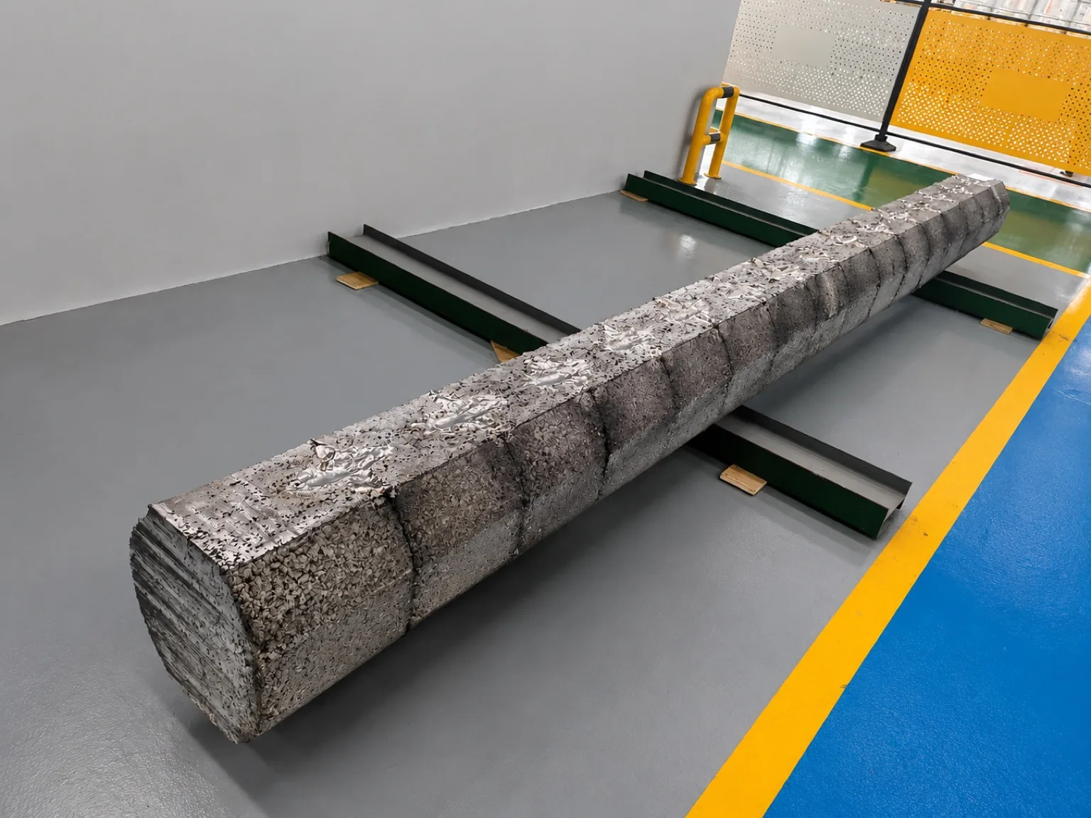 Long rough rectangular metal compact resting on support rails in a workshop.