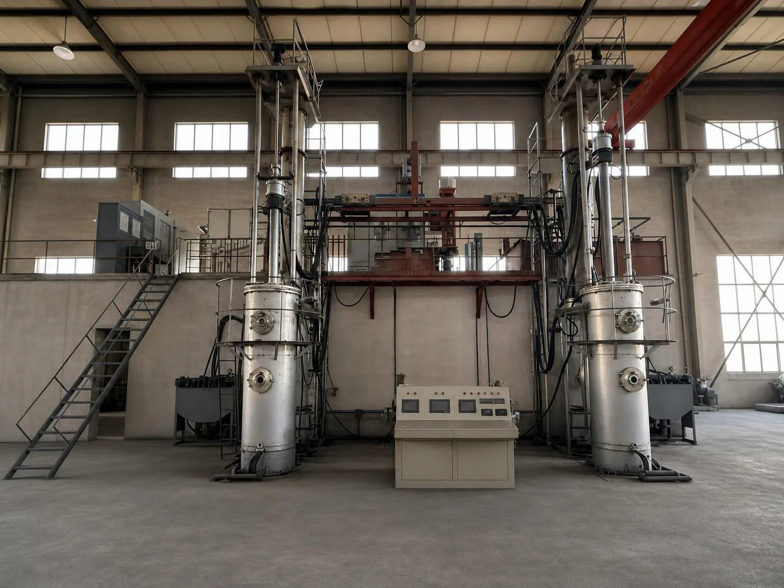 Two tall process-equipment units beside a central control console.