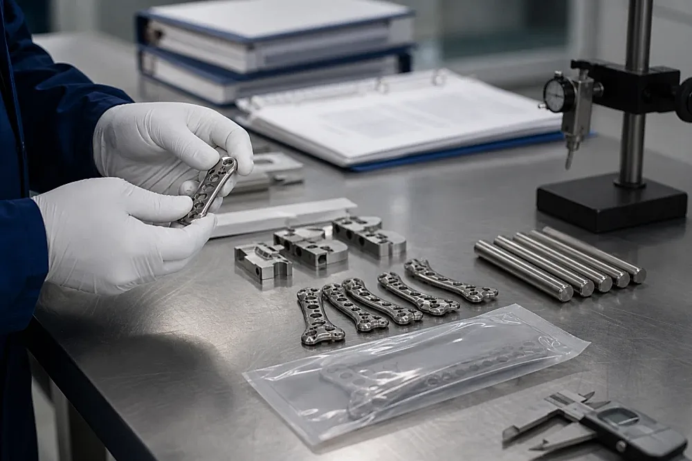 Gloved hands inspect generic titanium implant plates and test samples on a clean quality-control bench, showing how medical titanium must remain traceable through device evidence records