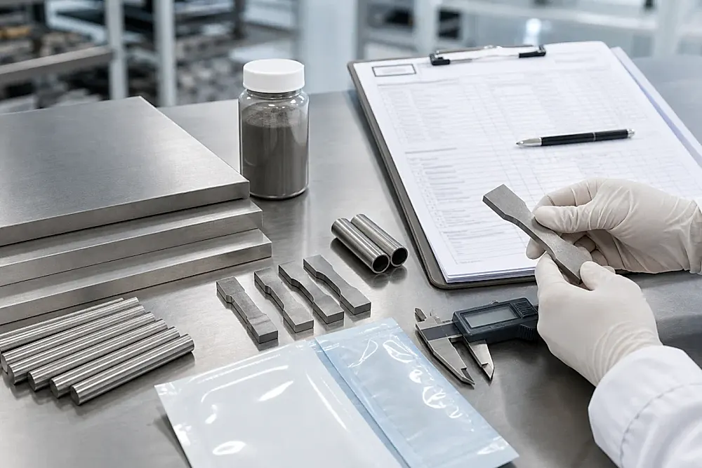 Titanium plate blanks, bars, powder, machined coupons and blurred inspection records on a medical-device validation table, illustrating the evidence gates behind regulated titanium supply