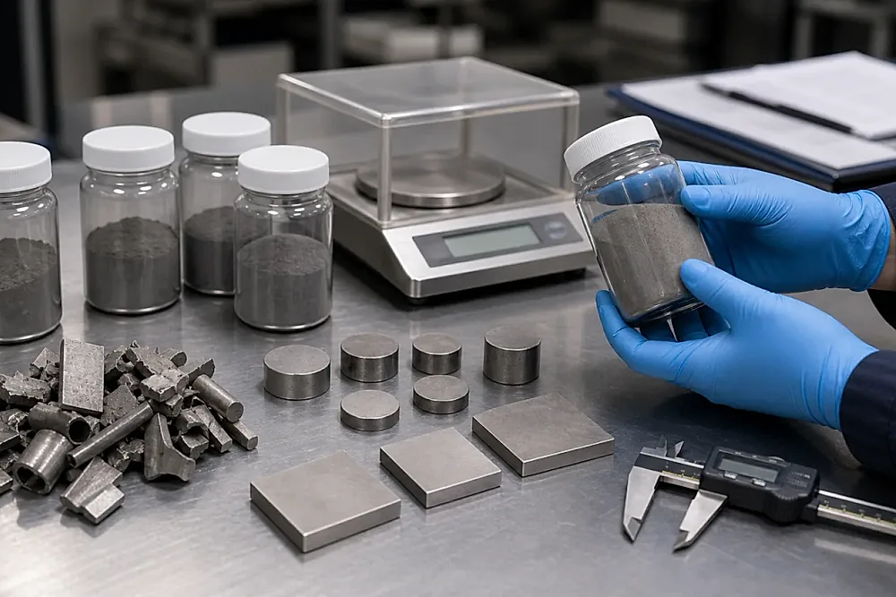 A clean titanium powder inspection bench with sealed powder jars, recycled titanium scrap, pressed coupons and test records, showing how recycled titanium routes need traceable powder-to-part evidence