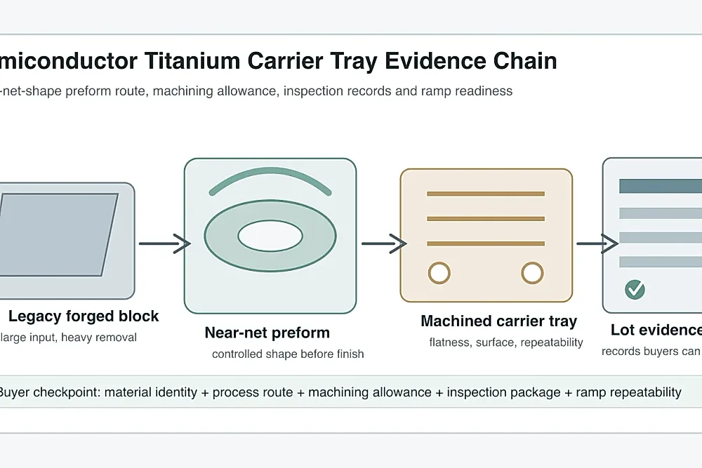 A semiconductor equipment titanium carrier tray preform on a clean inspection bench with machining allowance markers, dimensional gauges and lot records, showing the evidence chain from forged block replacement to qualified precision component