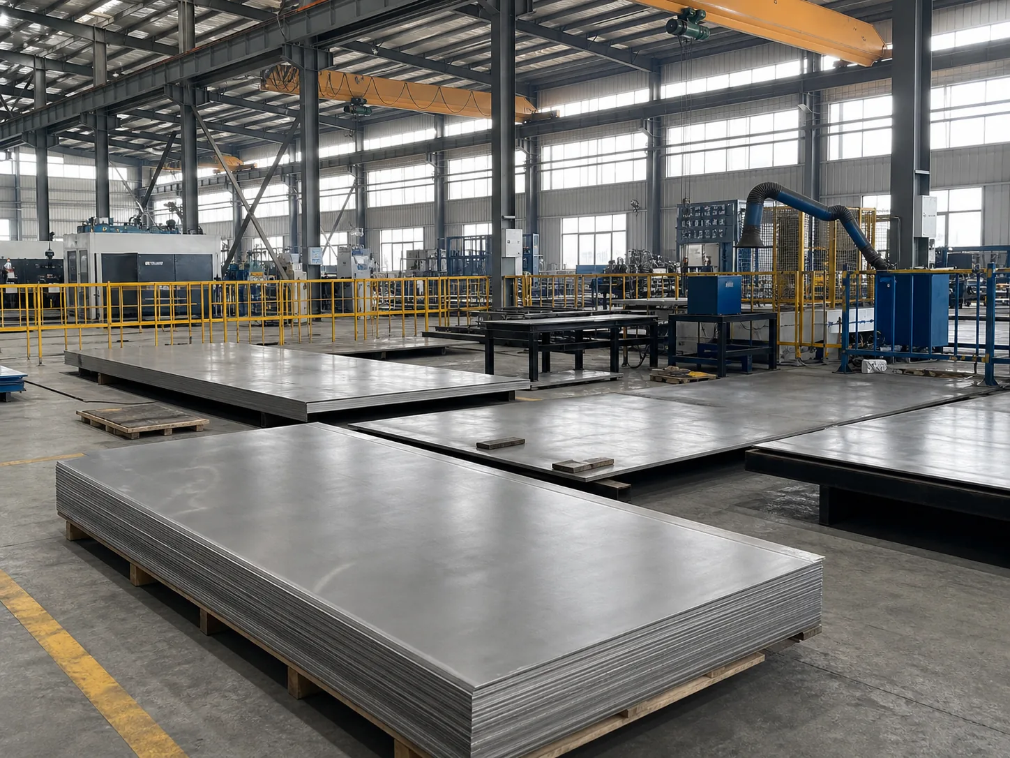 User-supplied titanium plate workshop scene illustrates why rolling, straightening and annealing history must remain attached to sheet release; it is not the SJ1100 study line.