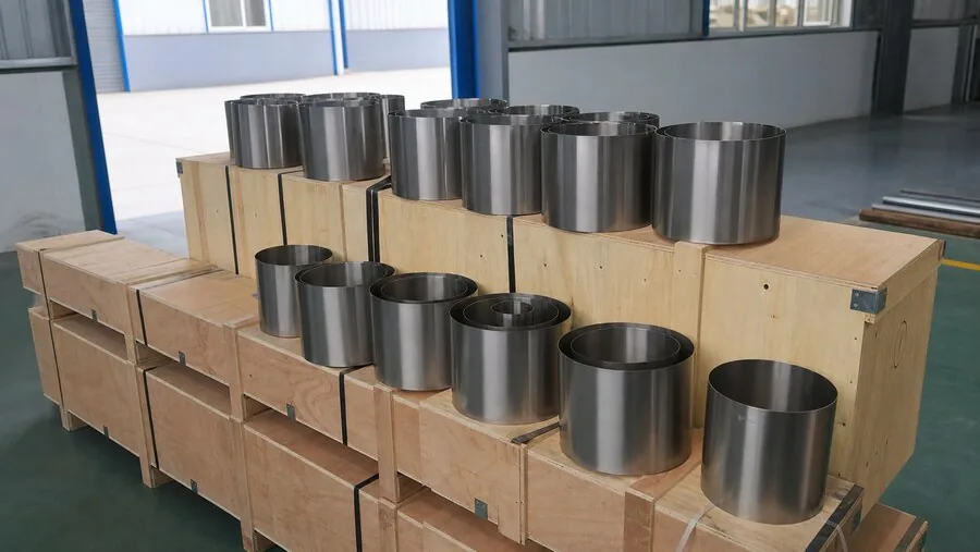 User-supplied machined titanium cylinders illustrate the finished-part handoff; they are not antimicrobial implants or study specimens.