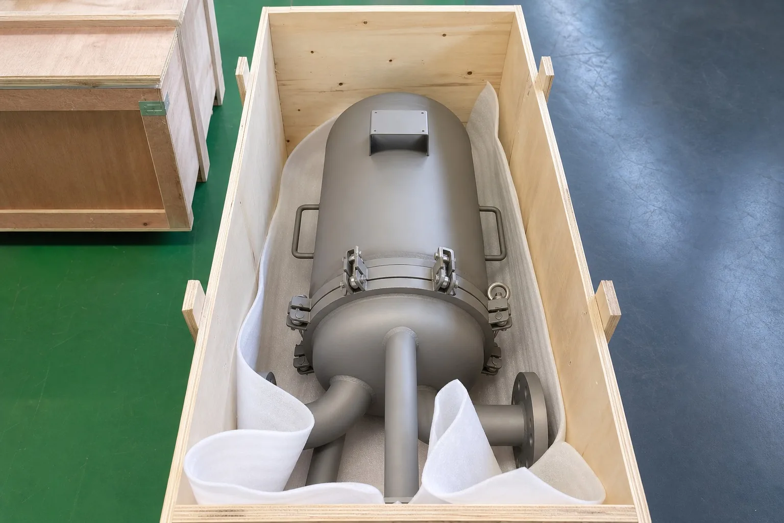 User-supplied fabricated titanium vessel component packed for shipment, showing why destructive and nondestructive evidence must be planned before final-part release; it is not study hardware.