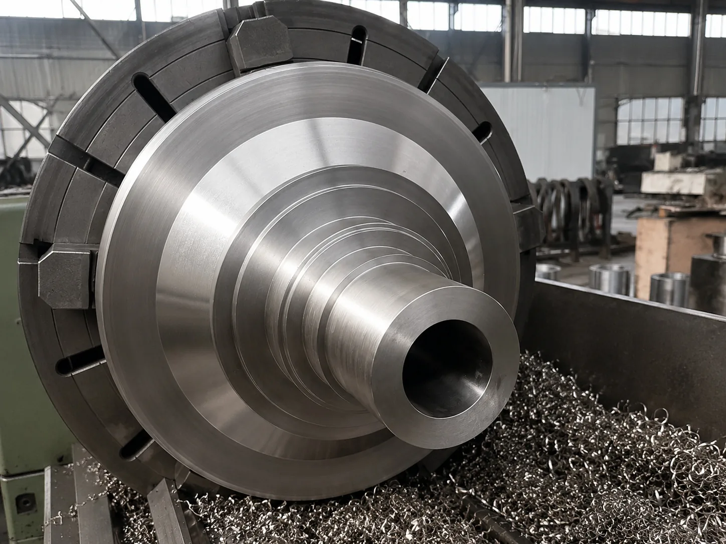 User-owned lathe machining of a large metal component illustrates turning-process scale; it is not the study's Ti-6Al-4V ingot, machine or hybrid setup.