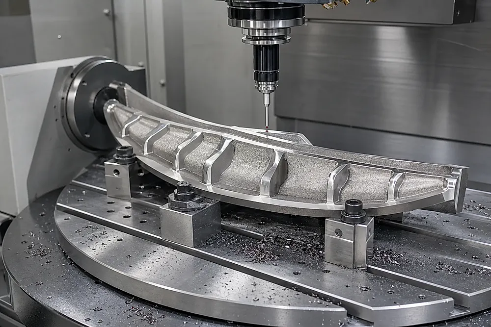A titanium aerostructure blank being finish-machined beside inspection probes, illustrating how near-net deposition still depends on machining allowance and verification