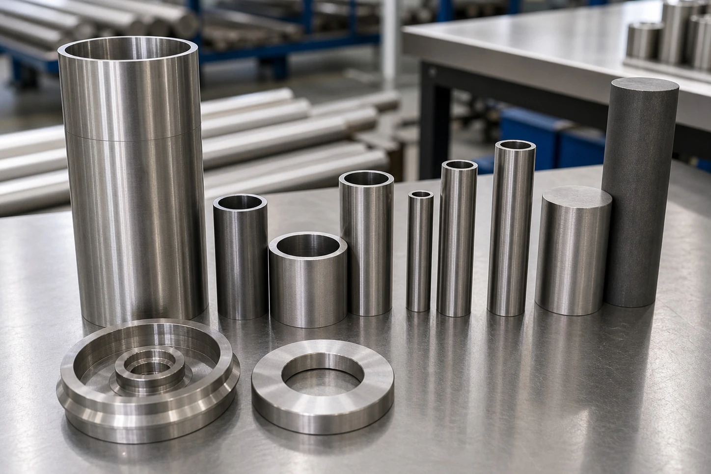 Machined titanium tubes, rings and sample blanks on an inspection bench show why coating clearance has to stay connected to substrate identity, geometry and release evidence.