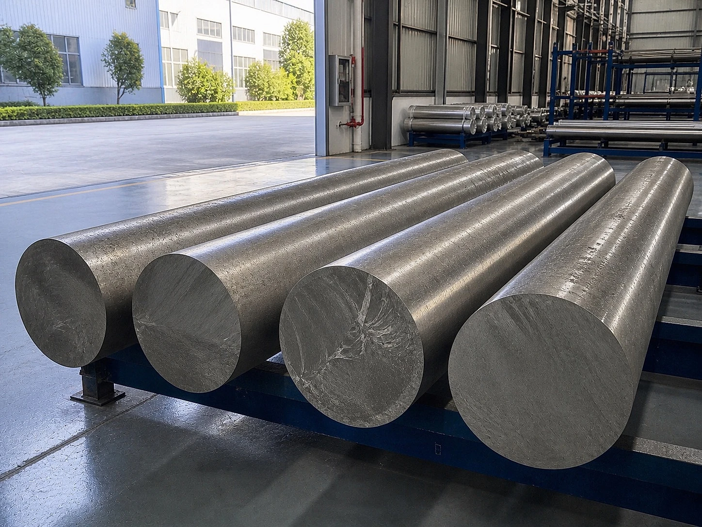 Titanium round bar stock in a warehouse, showing why future alloy-on-demand routes still need a fixed material identity before buyer release.
