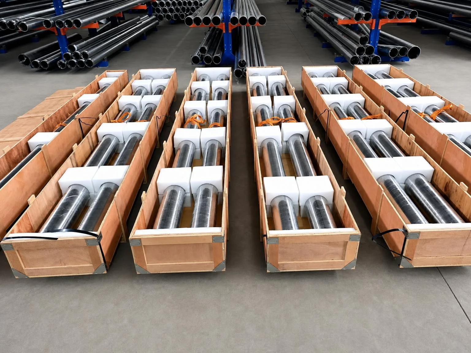 Long metal tube assemblies cushioned in wooden crates