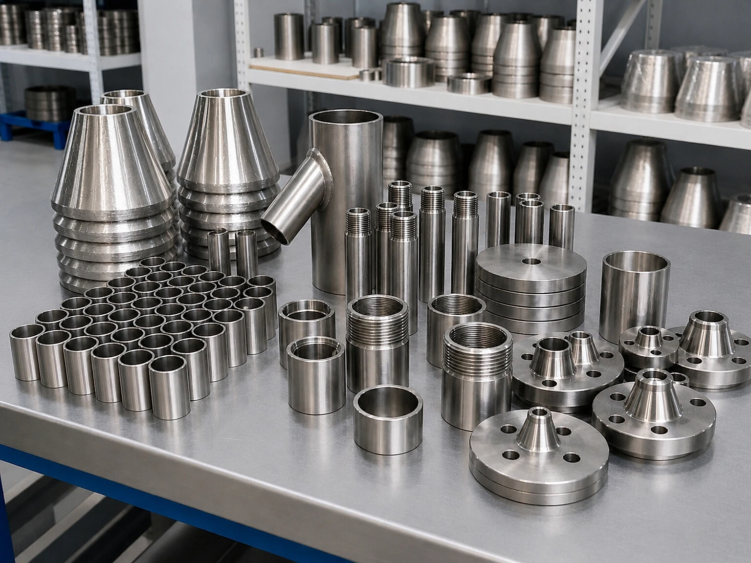 Machined titanium-like components staged by product family, illustrating why alloy powder claims must end in part-level release evidence.