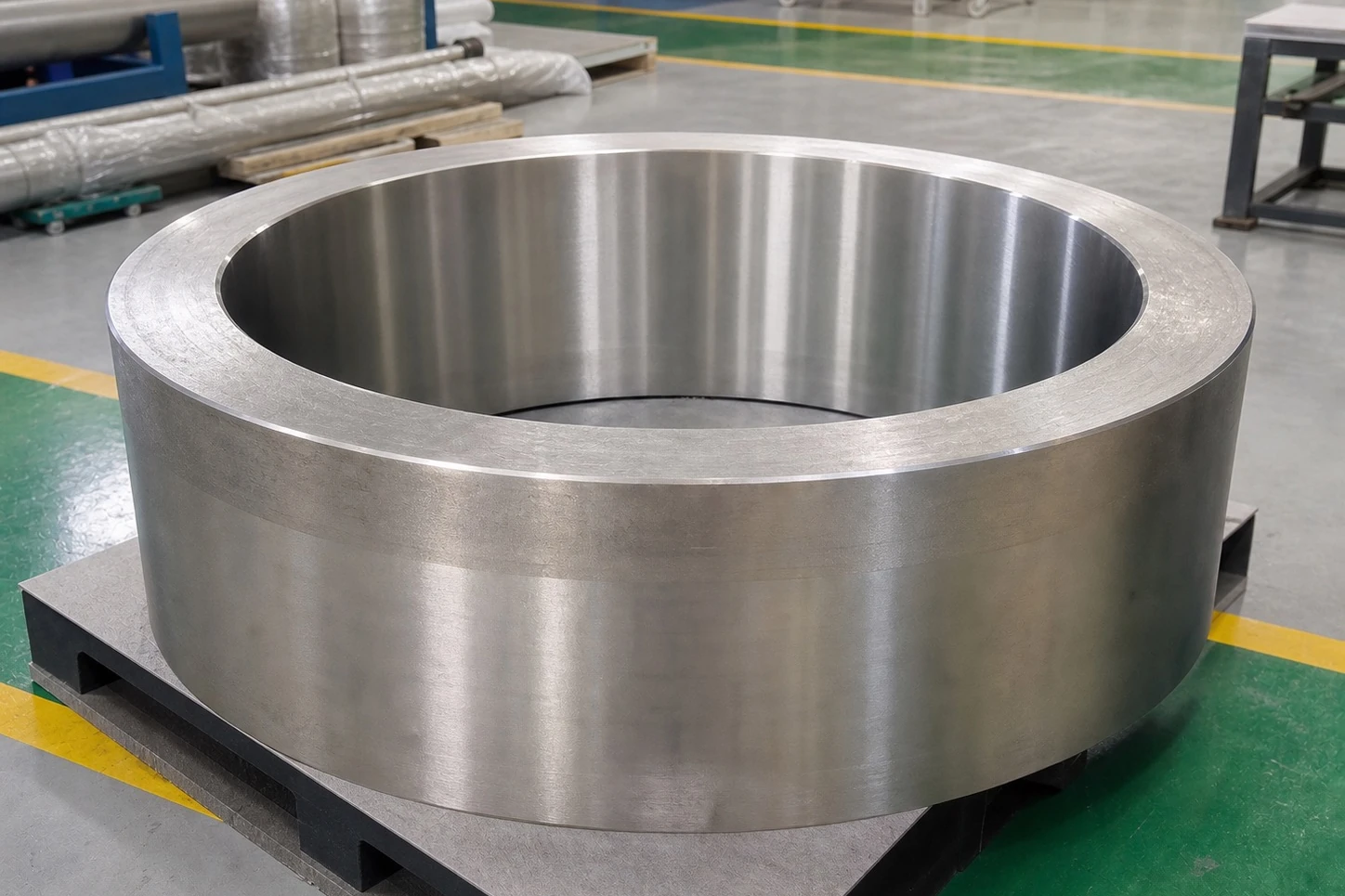 Large titanium forging ring on a clean factory pallet, showing why high-value titanium parts need item-level identity from parent material through release