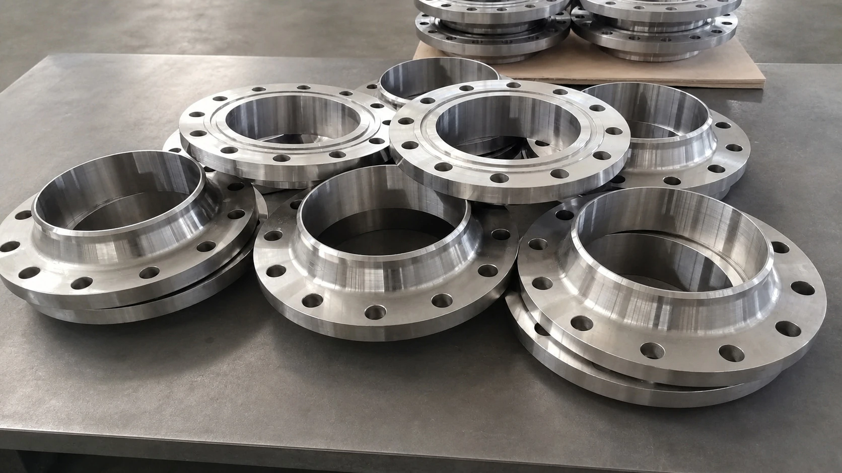 Machined titanium flanges arranged by release batch, illustrating how final parts depend on stable powder identity, process history and inspection evidence