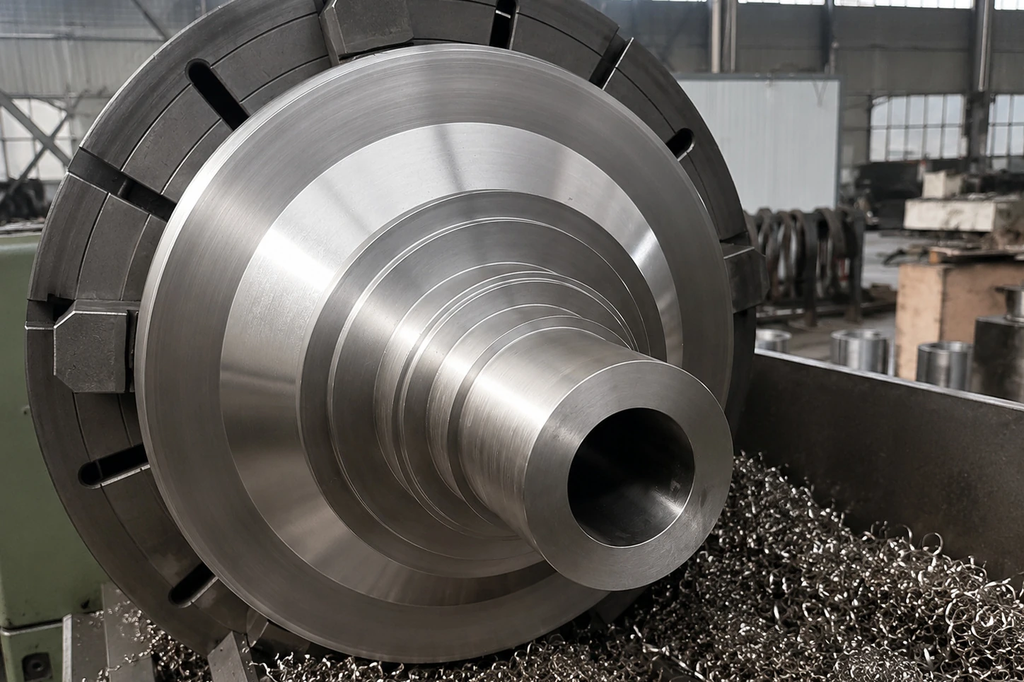 Large machined titanium component on a lathe, illustrating why submarine-adjacent parts need mission-envelope qualification evidence.