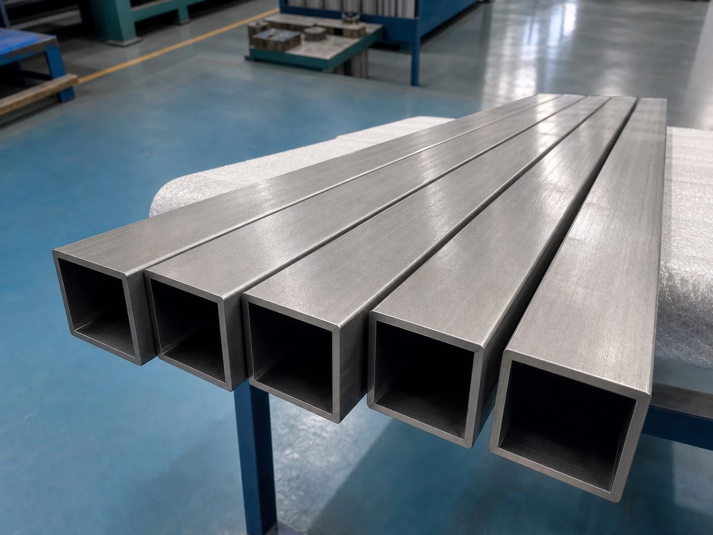 Titanium square tubes arranged on a clean factory table, reinforcing that product form changes the mission-envelope evidence file.
