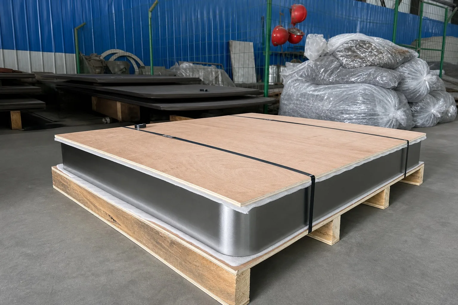 User-supplied titanium plate bundles show the product form whose phase state and cut-edge integrity must be connected during waterjet process review.