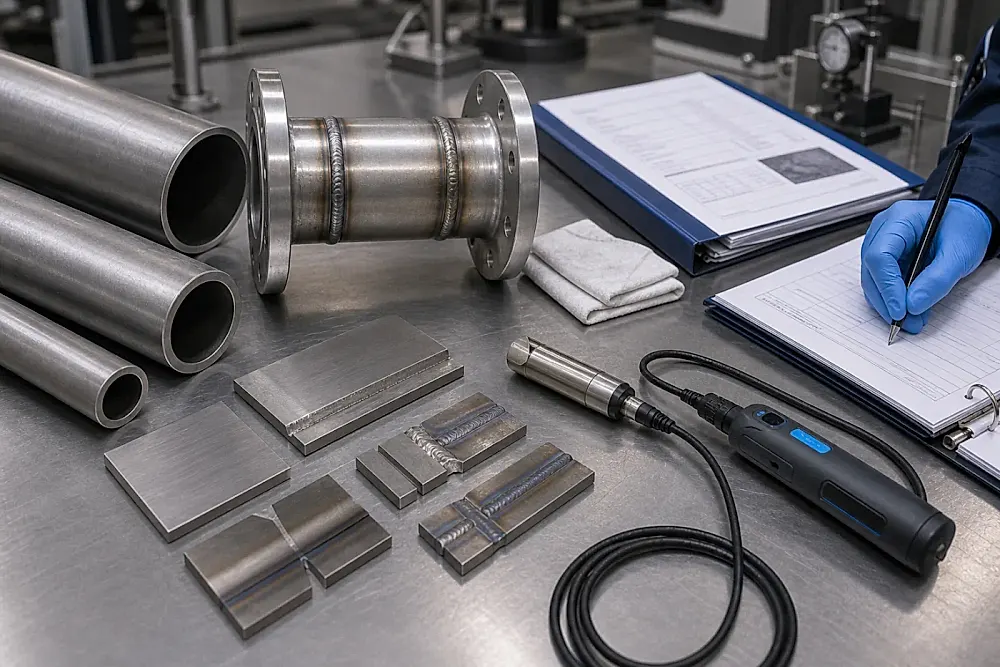 Titanium pipe sections, plate samples and weld coupons arranged beside a borescope, NDT probe and blurred repair dossier, illustrating the inspection trail behind chemical titanium equipment